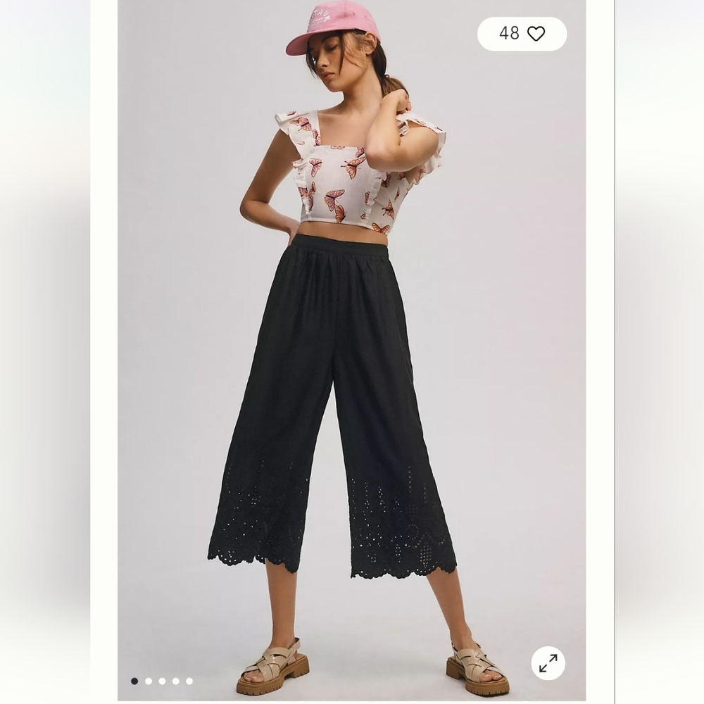 Anthropologie Black Eyelet Wide-Leg Crop Pants S 4 Spring Summer beach